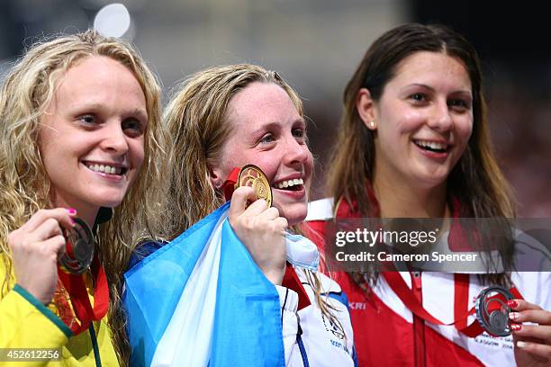 Gold medallist Hannah Miley of Scotland poses with Silver medallist Aimee Willmott of England and Bronze medallist Keryn McMaster of Australia after...