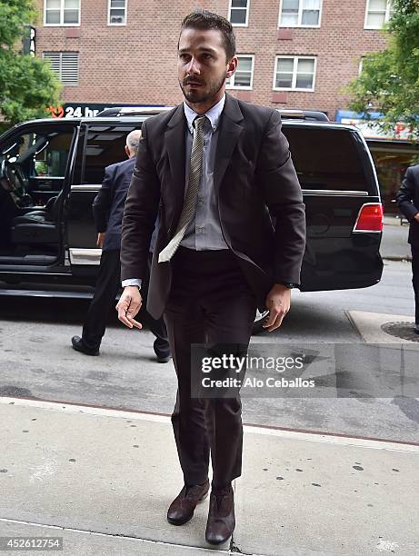 Shia LaBeouf arrives at the Greenwhich Hotel following his court appearance on July 24, 2014 in New York City.