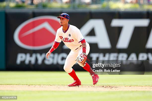 Ronny Cedeno of the Philadelphia Phillies plays shortstop during the game against the Atlanta Braves at Citizens Bank Park on June 28, 2014 in...