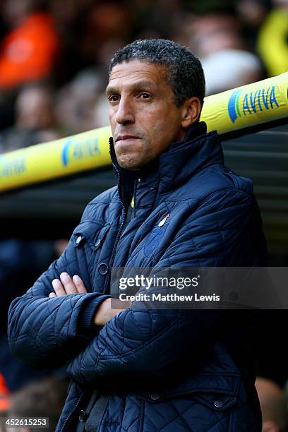Chris Hughton the Norwich manager looks on during the Barclays Premier league match between Norwich City and Crystal Palace at Carrow Road on...