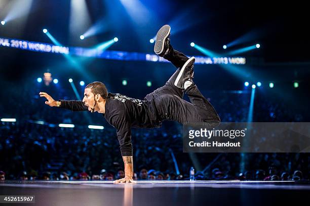 In this handout image provided by Red Bull, Miguel "Gravity" Rosario of the USA competes during the Red Bull BC One breakdancing world finals at...