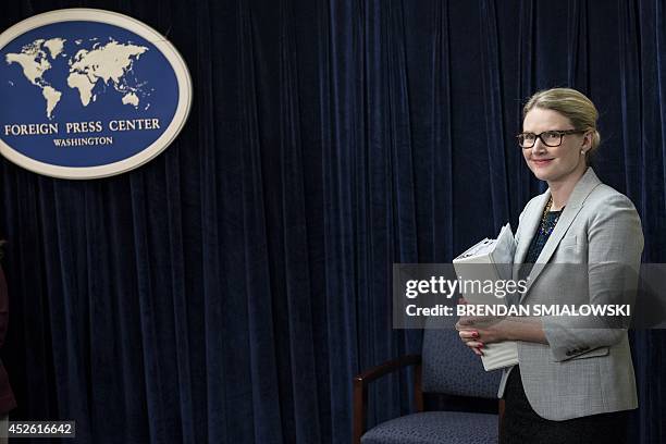 State Department Deputy Spokeswoman Marie Harf waits to speak during a briefing at the Washington Foreign Press Center July 24, 2014 in Washington,...