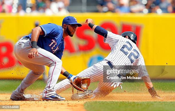 Jacoby Ellsbury of the New York Yankees steals second base in the fifth inning ahead of the tag from Elvis Andrus of the Texas Rangers at Yankee...