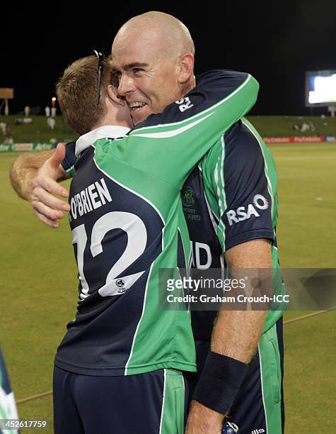 Trent Johnston and Niall O'Brien of Ireland embrace after Irelands victory in the Ireland v Afghanistan Final at the ICC World Twenty20 Qualifiers at...