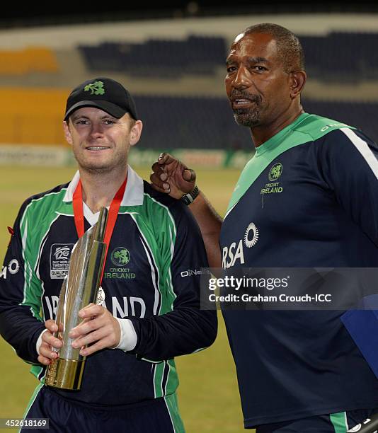 William Porterfield ,Captain of Ireland with coach Phil Simmonds after Irelands victory in the Ireland v Afghanistan Final at the ICC World Twenty20...