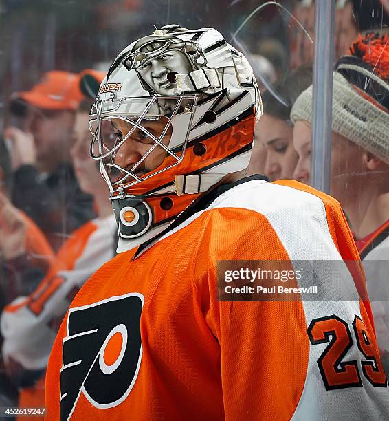 Goalie Ray Emery of the Philadelphia Flyers waits during warmups befor the Flyers defeated the Winnipeg Jets in an NHL hockey game at Wells Fargo...