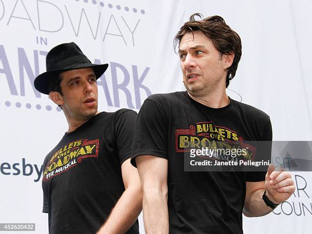Nick Cordero and Zach Braff from the cast of "Bullets Over Broadway" perform during 106.7 LITE FM's Broadway in Bryant Park 2014 at Bryant Park on...