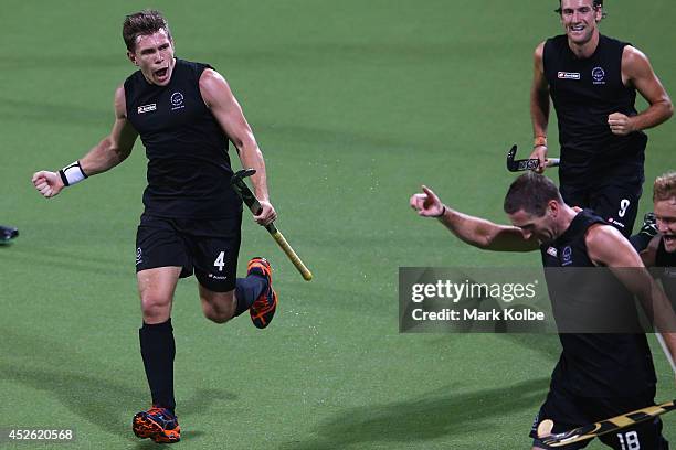 Nick Haig of New Zealand celebrates after Phil Burrows scored a goal during the Men's preliminary match between New Zealand and Canada at Glasgow...