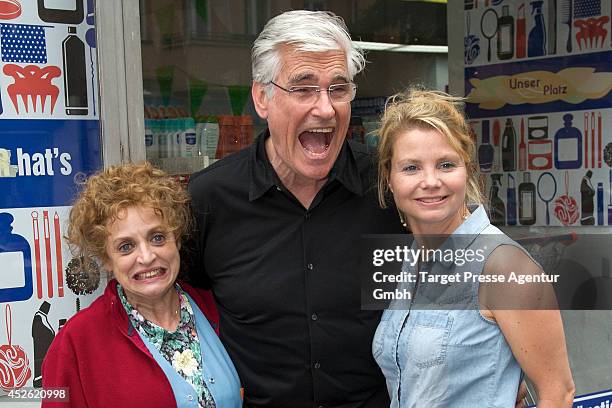 Katharina Thalbach, Sky Dumont and Anette Frier attend the 'Die Schlikkerfrauen' photocall at the movie set on July 24, 2014 in Berlin, Germany.