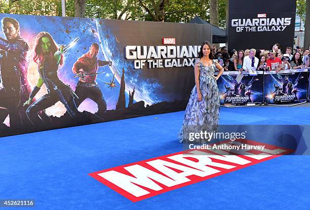 Zoe Saldana attends the UK Premiere of "Guardians of the Galaxy" at Empire Leicester Square on July 24, 2014 in London, England.