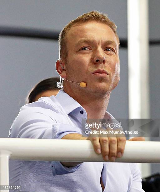 Sir Chris Hoy watches the track cycling in the Sir Chris Hoy Velodrome on day one of 20th Commonwealth Games on July 24, 2014 in Glasgow, Scotland.
