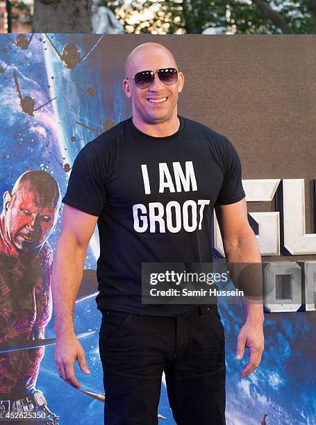 Vin Diesel attends the UK Premiere of "Guardians of the Galaxy" at Empire Leicester Square on July 24, 2014 in London, England.