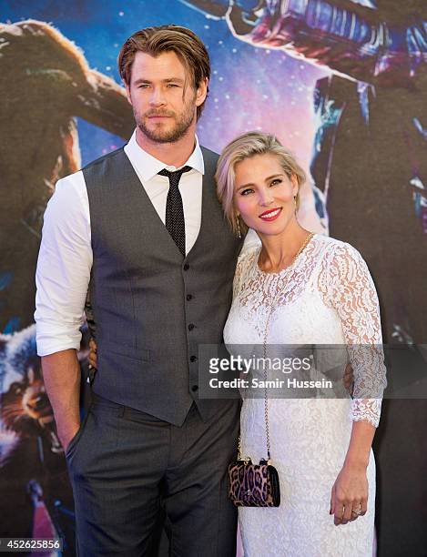 Chris Hemsworth and his wife Elsa Pataky attend the UK Premiere of "Guardians of the Galaxy" at Empire Leicester Square on July 24, 2014 in London,...