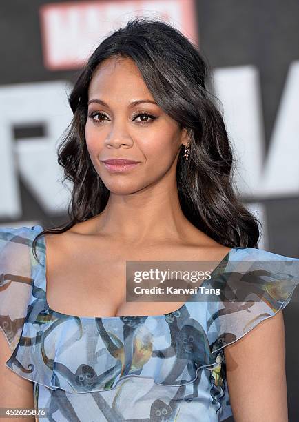 Zoe Saldana attends the European Premiere of "Guardians of the Galaxy" at Empire Leicester Square on July 24, 2014 in London, England.