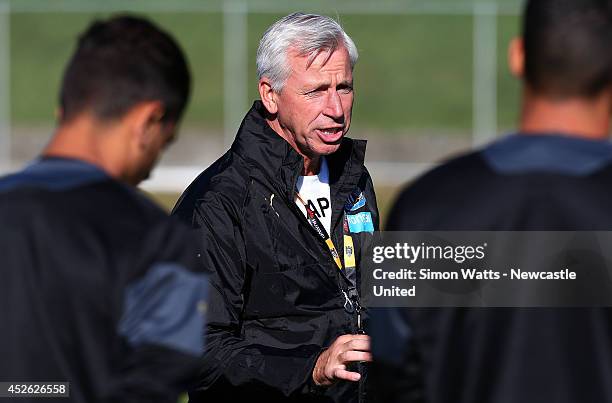 Newcastle manager Alan Pardew talks during a Newcastle United training session at Newtown on July 25, 2014 in Wellington, New Zealand.