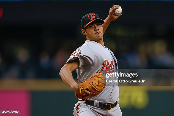 Starting pitcher Wei-Yin Chen of the Baltimore Orioles pitches in the first inning against the Seattle Mariners at Safeco Field on July 24, 2014 in...