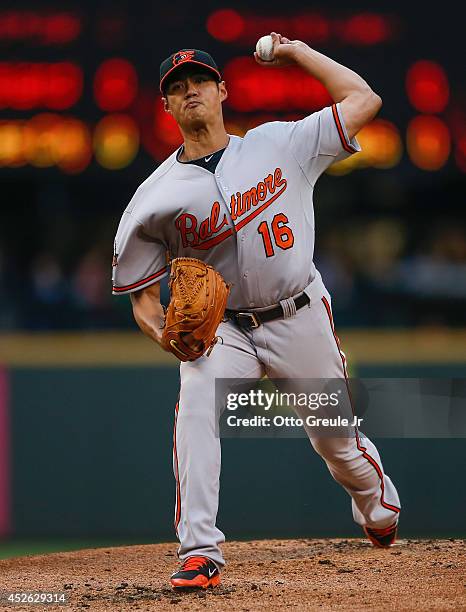 Starting pitcher Wei-Yin Chen of the Baltimore Orioles pitches in the first inning against the Seattle Mariners at Safeco Field on July 24, 2014 in...
