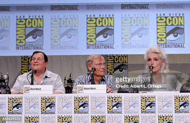 Actors Burt Ward, Adam West and Julie Newmar attend the "Batman: The Complete Series" DVD release presentation during Comic-Con International 2014 at...
