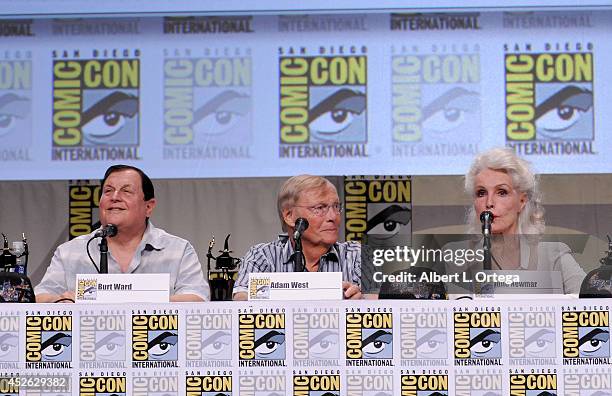 Actors Burt Ward, Adam West and Julie Newmar attend the "Batman: The Complete Series" DVD release presentation during Comic-Con International 2014 at...