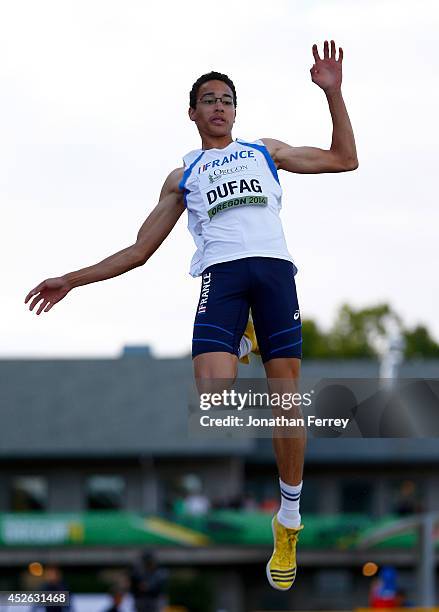 Cedric Dufag of France competes in the men's long jump during day three of the IAAF World Junior Championships at Hayward Field on July 24, 2014 in...