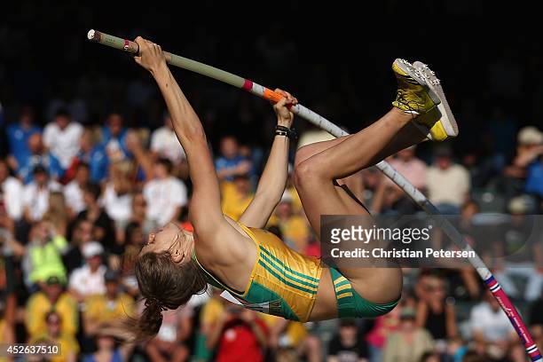 Nina Kennedy of Australia competes in the women's pole vault final during day three of the IAAF World Junior Championships at Hayward Field on July...