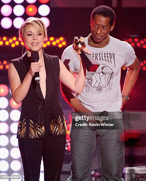 Actors Tina Majorino and Orlando Jones speaks onstage at the MTVu Fandom Awards during Comic-Con International 2014 at PETCO Park on July 24, 2014 in...