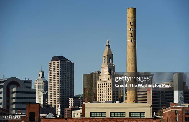 Reminants of the old Colt Armory are still visible in downtown skyline in Hartford, CT on February 14, 2013. Samuel Colt built the firearms...