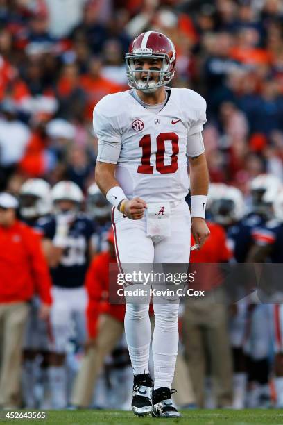 McCarron celebrates a second quarter touchdown by Jalston Fowler of the Alabama Crimson Tide against the Auburn Tigers at Jordan-Hare Stadium on...