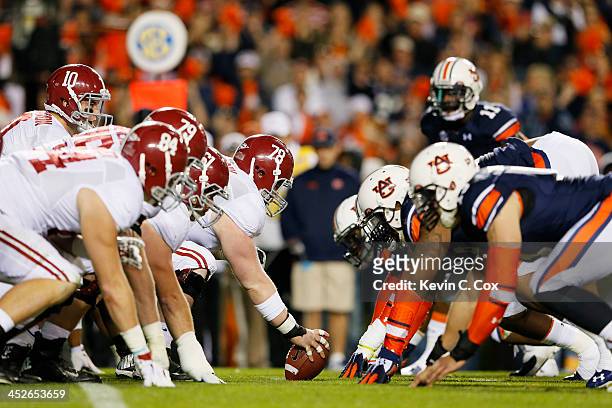 The line of scrimmage as the Alabama Crimson Tide line up against the Auburn Tigers in the third quarter at Jordan-Hare Stadium on November 30, 2013...