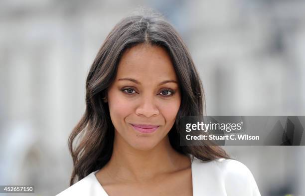 Zoe Saldana attends the "Guardians of the Galacy" photocall on July 25, 2014 in London, England.