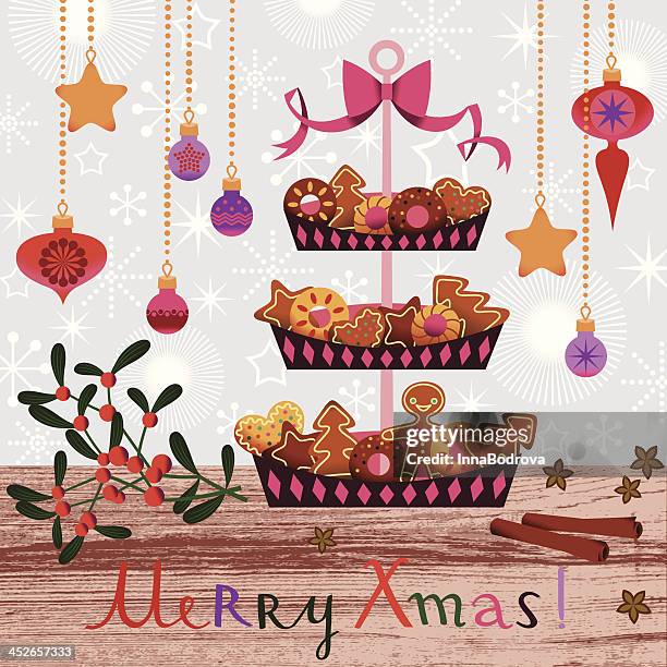 christmas cakes and cookies. - christmas table stock illustrations