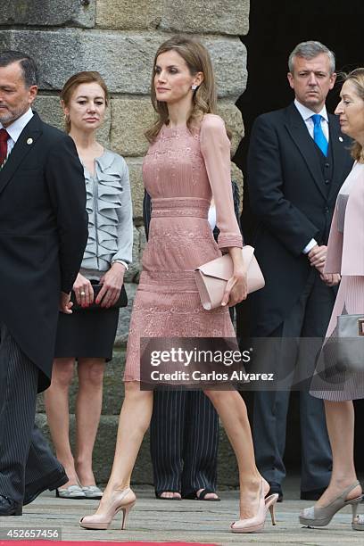 Queen Letizia of Spain visits the Cathedral of Santiago de Compostela on the first anniversary of the train accident on July 25, 2014 in Santiago de...