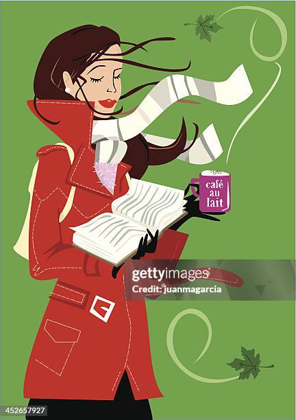 young girl reading and drinking coffee - waterproof stock illustrations