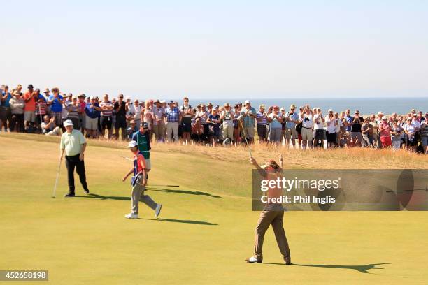 Miguel Angel Jimenez of Spain in action during the second round of the Senior Open Championship played at Royal Porthcawl Golf Club on July 25, 2014...
