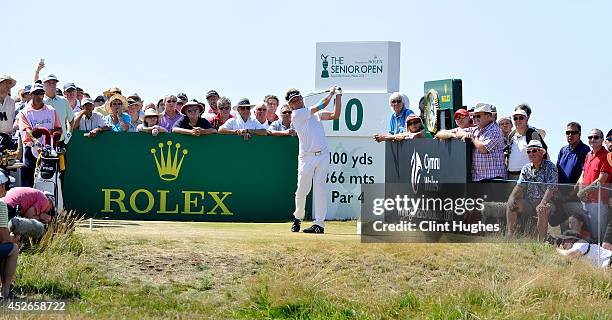 Bernhard Langer of Germany tees off on the 10th hole during the second round of the Senior Open Championship at Royal Porthcawl Golf Club on July 25,...