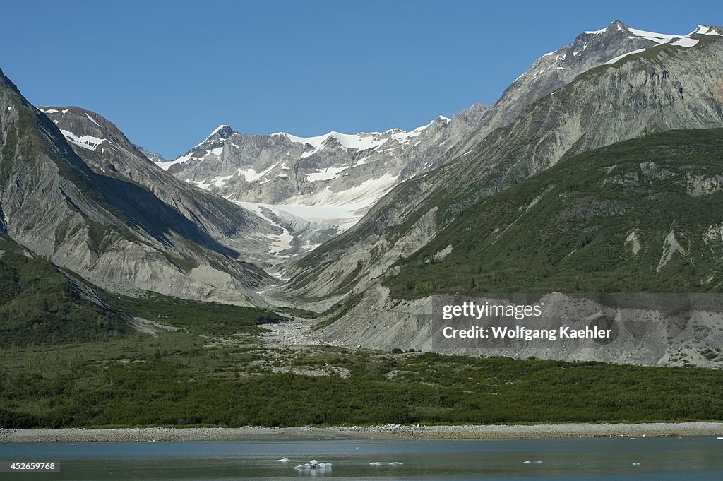 View of mountain landscape with terminal moraine and lateral...