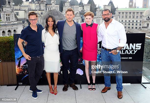 James Gunn, Zoe Saldana, Chris Pratt, Karen Gillan and David Bautista attends the "Guardians of the Galaxy" photocall on July 25, 2014 in London,...