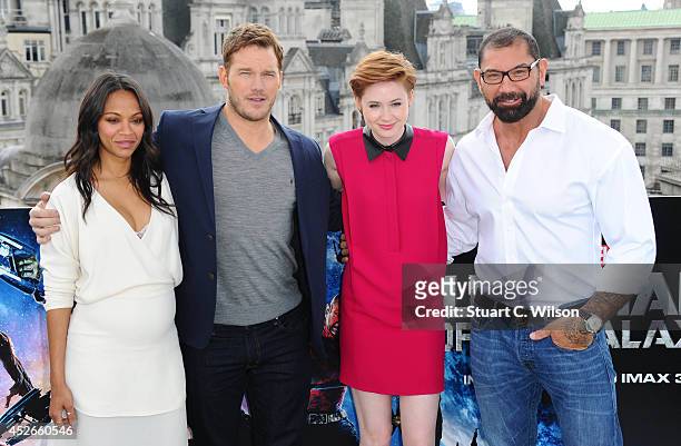 Zoe Saldana, Chris Pratt, Karen Gillan and David Bautista attends the "Guardians of the Galaxy" photocall on July 25, 2014 in London, England.