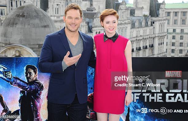Chris Pratt and Karen Gillan attends the "Guardians of the Galaxy" photocall on July 25, 2014 in London, England.