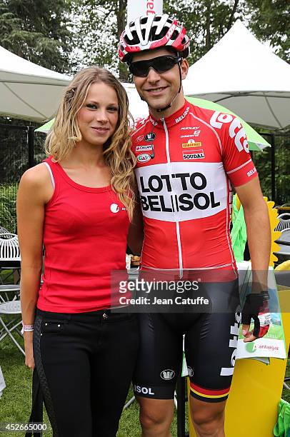 Tony Gallopin of France and Lotto-Belisol and his girlfriend, professional cyclist Marion Rousse relax prior to the start of stage eighteen of the...
