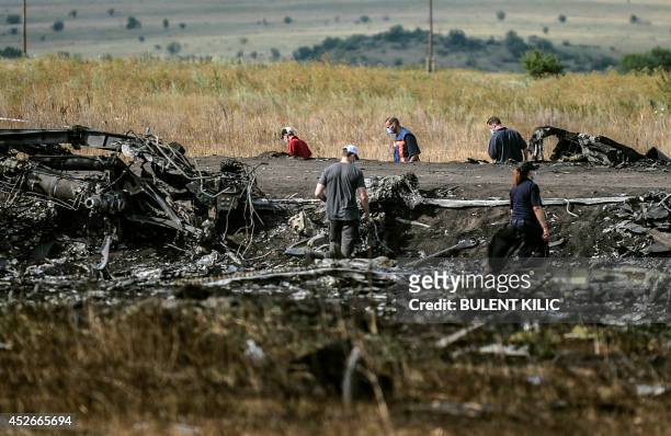 Investigators work at a the crash site of the Malaysia Airlines Flight MH17 near the village of Hrabove , some 80km east of Donetsk, on July 25,...