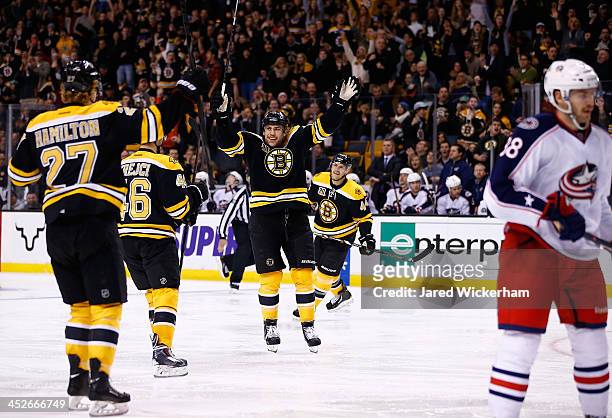 Milan Lucic of the Boston Bruins celebrates his second goal of the game in the third period against the Columbus Blue Jackets during the game at TD...