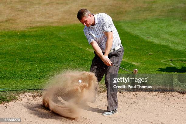 Richard Bowman of Village Urban Resort Blackpool plays a shot during The Lombard Trophy North West Regional Qualifier at Dunham Forest Golf Club on...