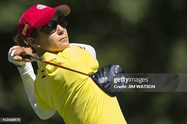 Spanish golfer Azahara Munoz tees off during the second round of the LGPA International Crown at Caves Valley Golf Club in Owings Mills, Maryland, on...