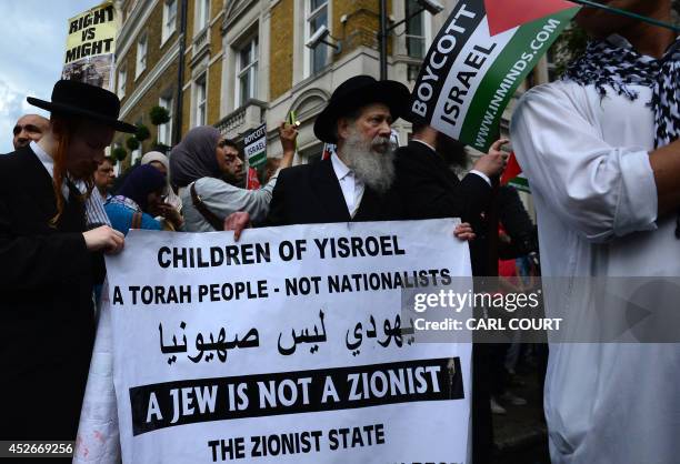 Protesters demonstrate against Israeli actions in Gaza, in central London on July 25, 2014. Israeli fire pushed the Palestinian death toll in Gaza to...