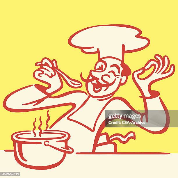 chef tasting food from pot - chili con carne stock illustrations