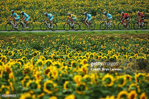 The race leader and yellow jersey Vincenzo Nibali of Italy and Astana Pro Team rides flankled by his team-mates during the nineteenth stage of the...