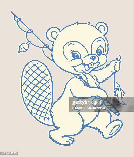ilustrações de stock, clip art, desenhos animados e ícones de beaver with fishing pole and fish - filhote de animal