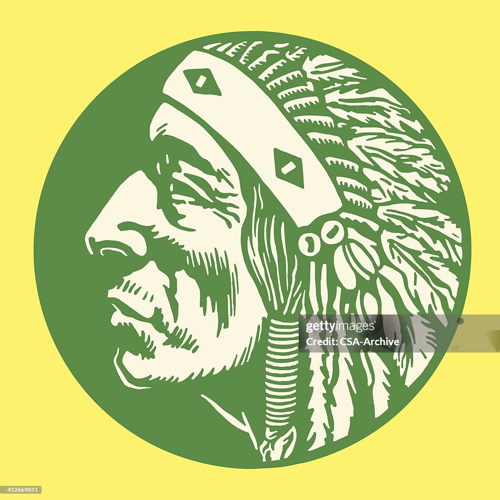 Green, circular image with green Native American man profile