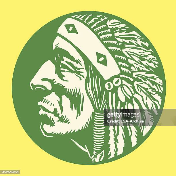stockillustraties, clipart, cartoons en iconen met green, circular image with green native american man profile - hoofdtooi